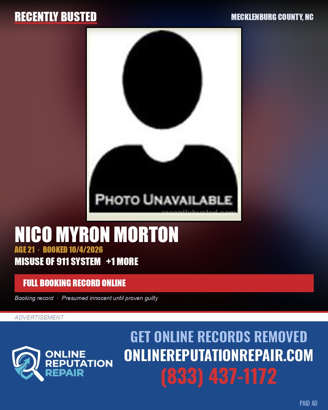 NICO MYRON MORTON — arrest record card, Mecklenburg County, North Carolina