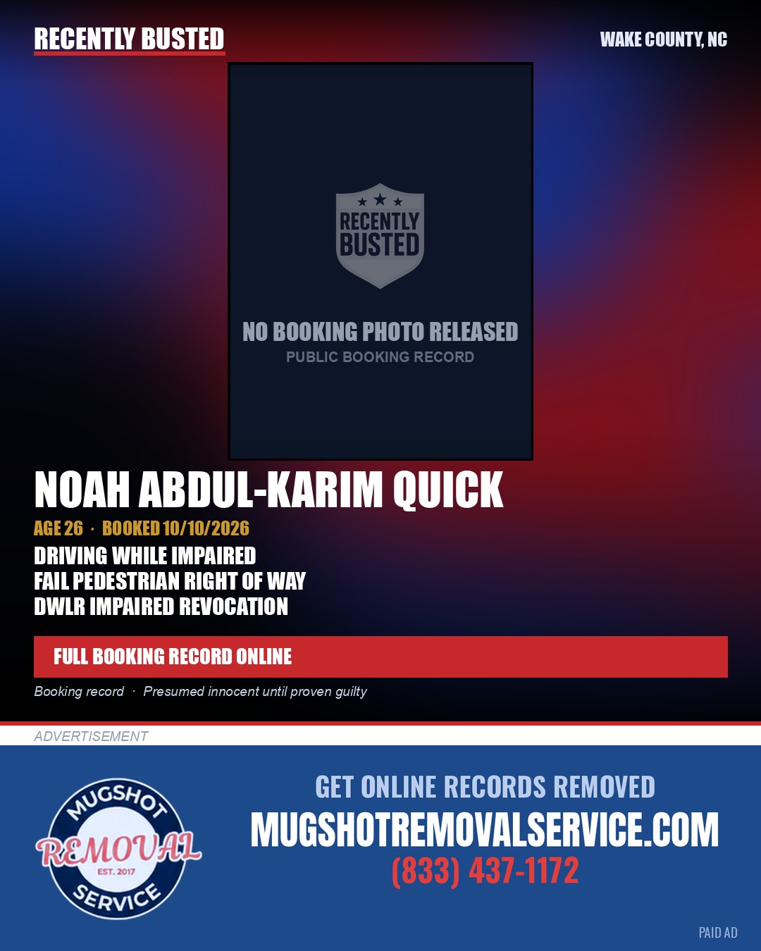 NOAH ABDUL-KARIM QUICK — arrest record card, Wake County, North Carolina