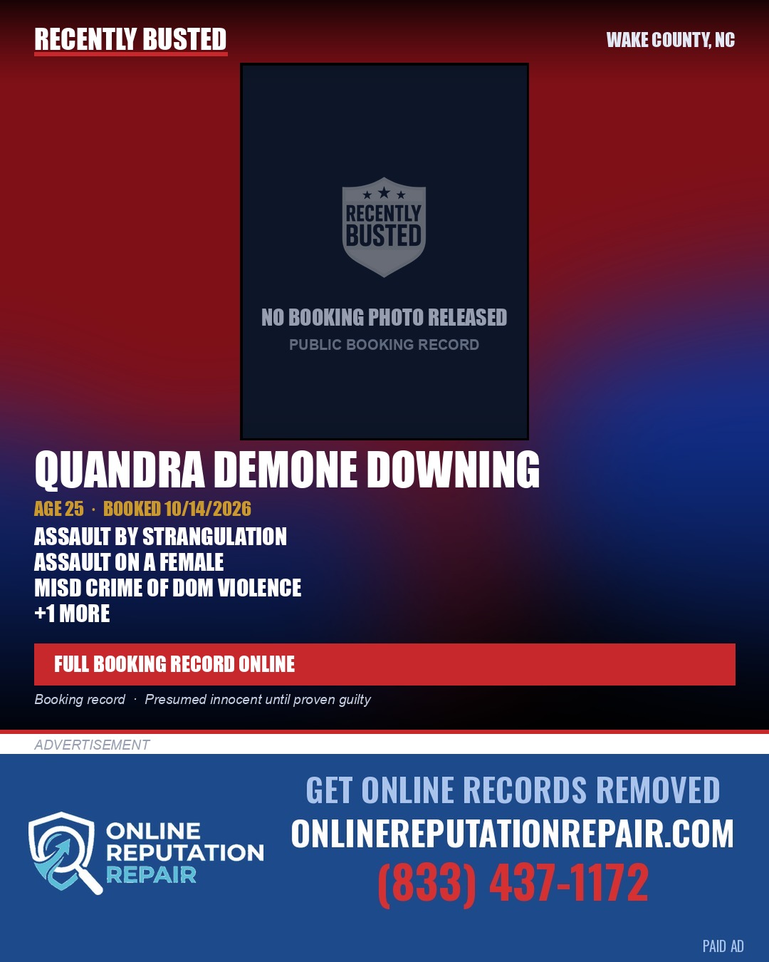QUANDRA DEMONE DOWNING — arrest record card, Wake County, North Carolina