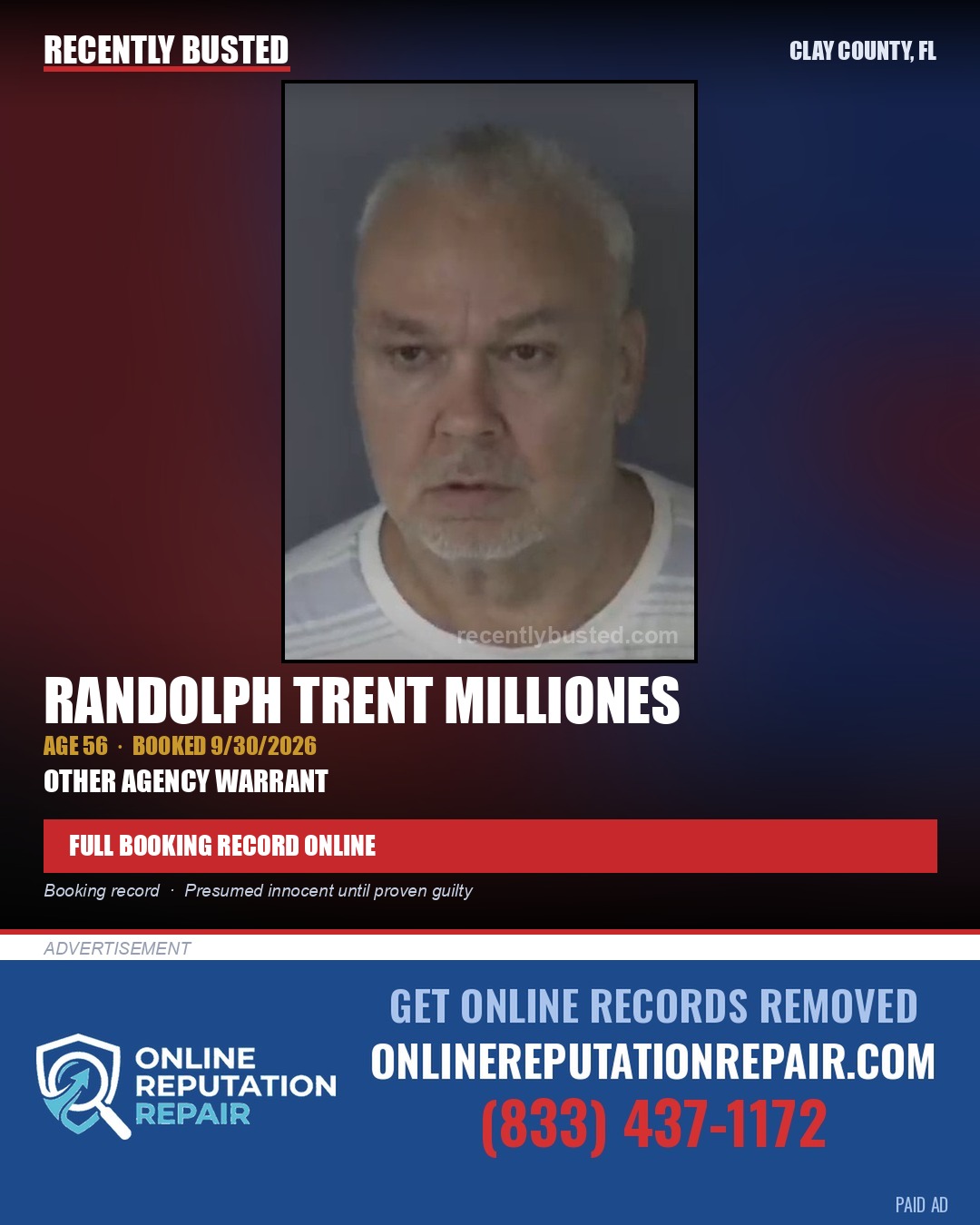 RANDOLPH TRENT MILLIONES — arrest record card, Clay County, Florida