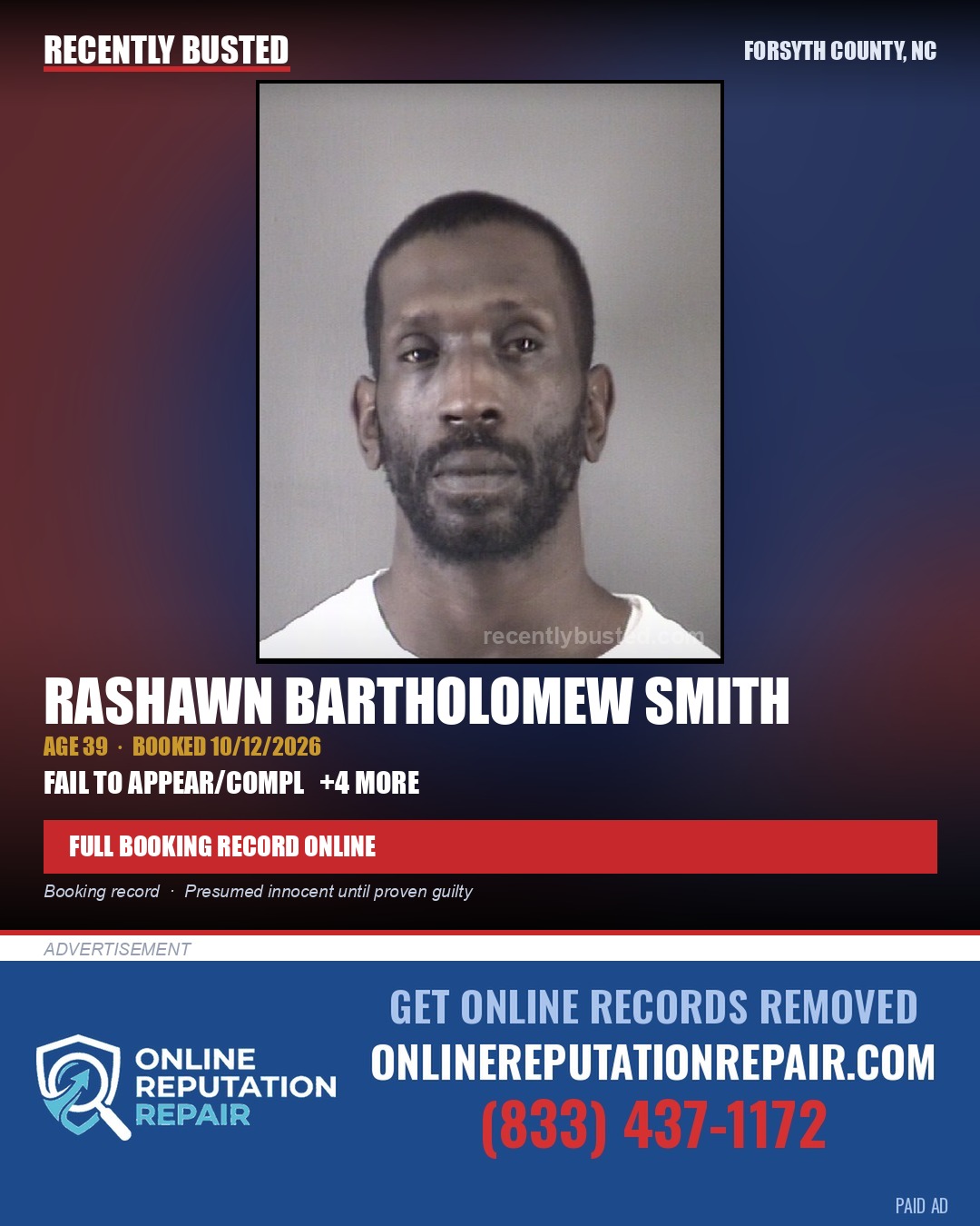 RASHAWN BARTHOLOMEW SMITH — arrest record card, Forsyth County, North Carolina