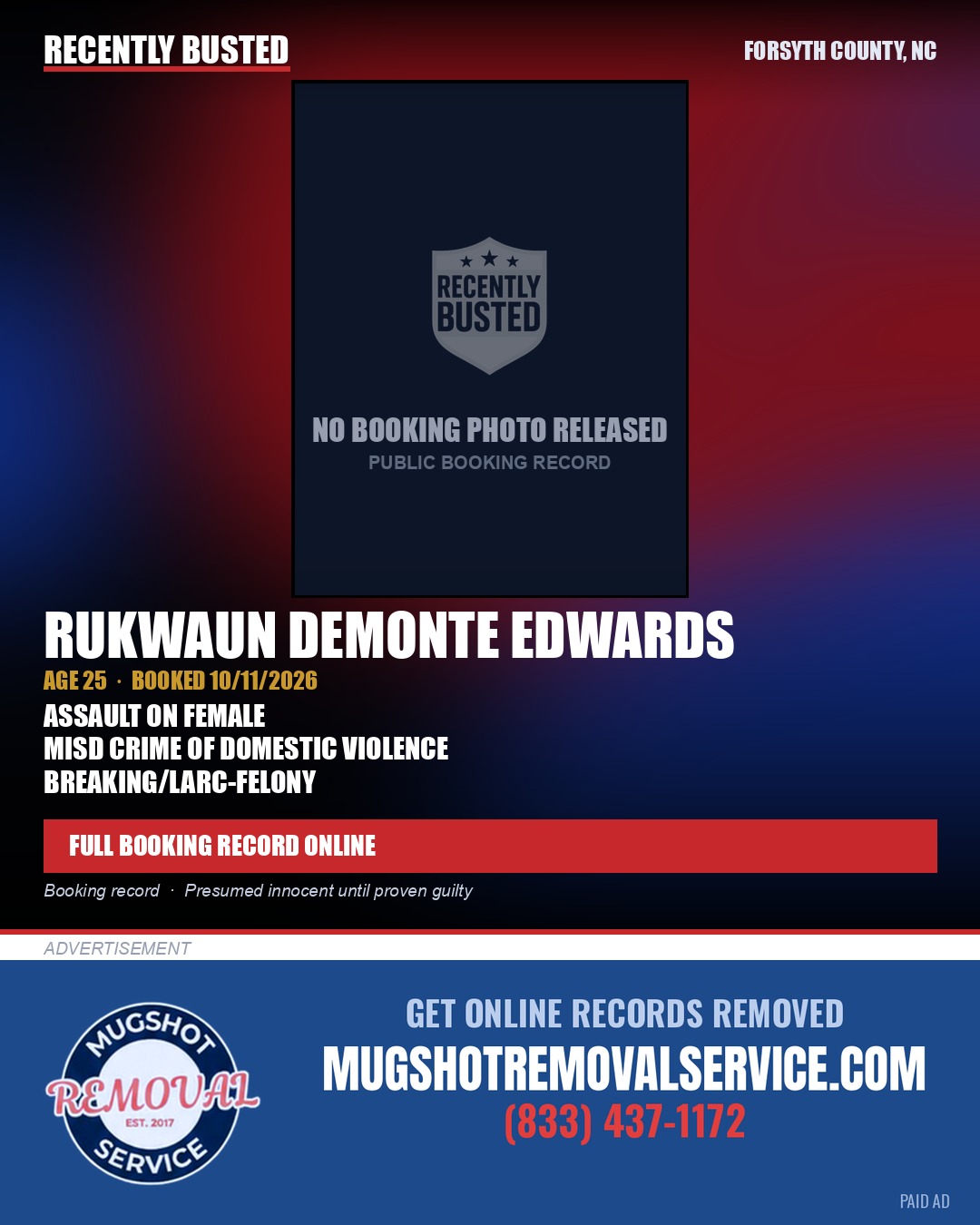 RUKWAUN DEMONTE EDWARDS — arrest record card, Forsyth County, North Carolina