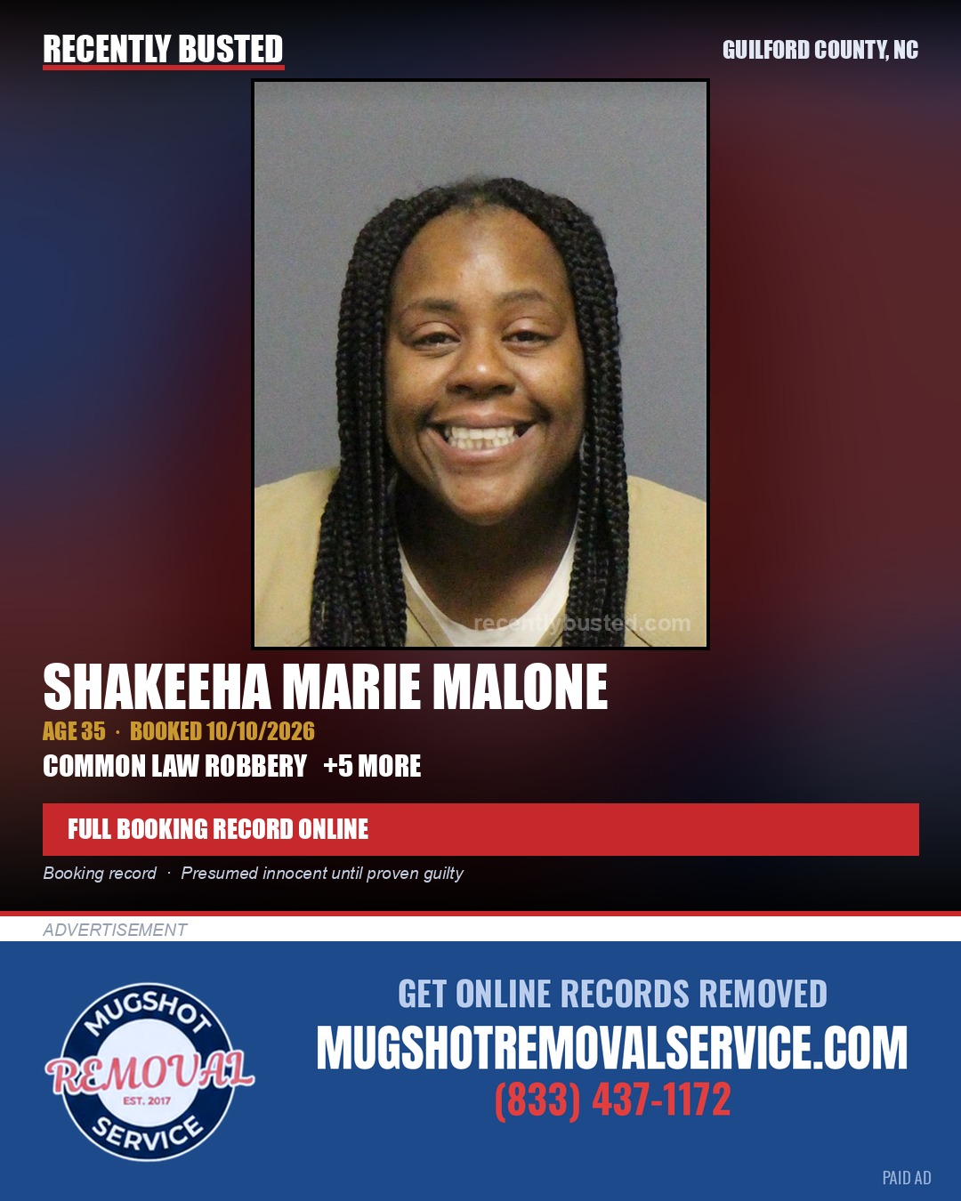 SHAKEEHA MARIE MALONE — arrest record card, Guilford County, North Carolina