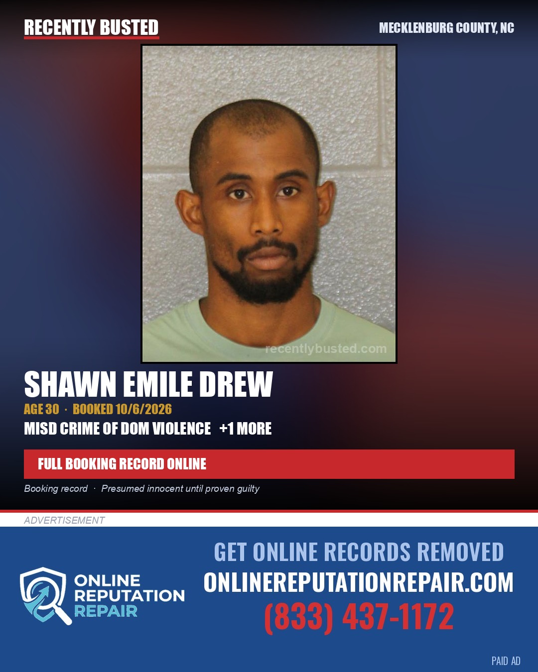 SHAWN EMILE DREW — arrest record card, Mecklenburg County, North Carolina