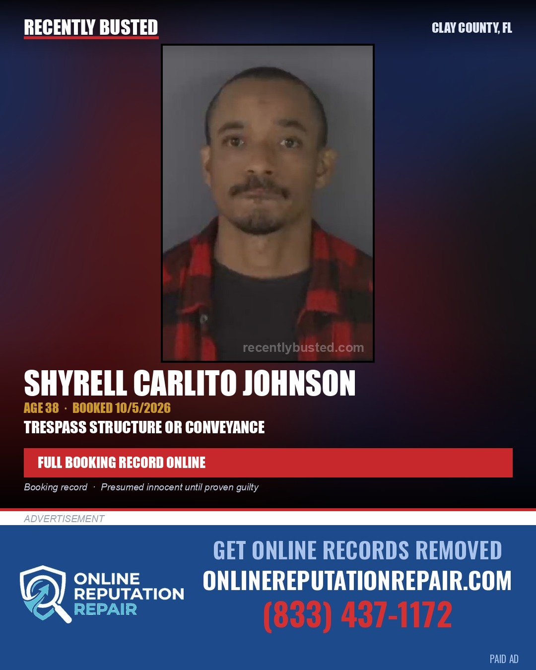 SHYRELL CARLITO JOHNSON — arrest record card, Clay County, Florida