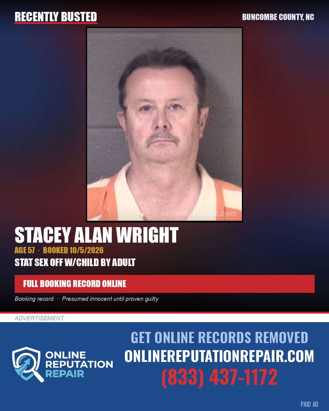 STACEY ALAN WRIGHT — arrest record card, Buncombe County, North Carolina