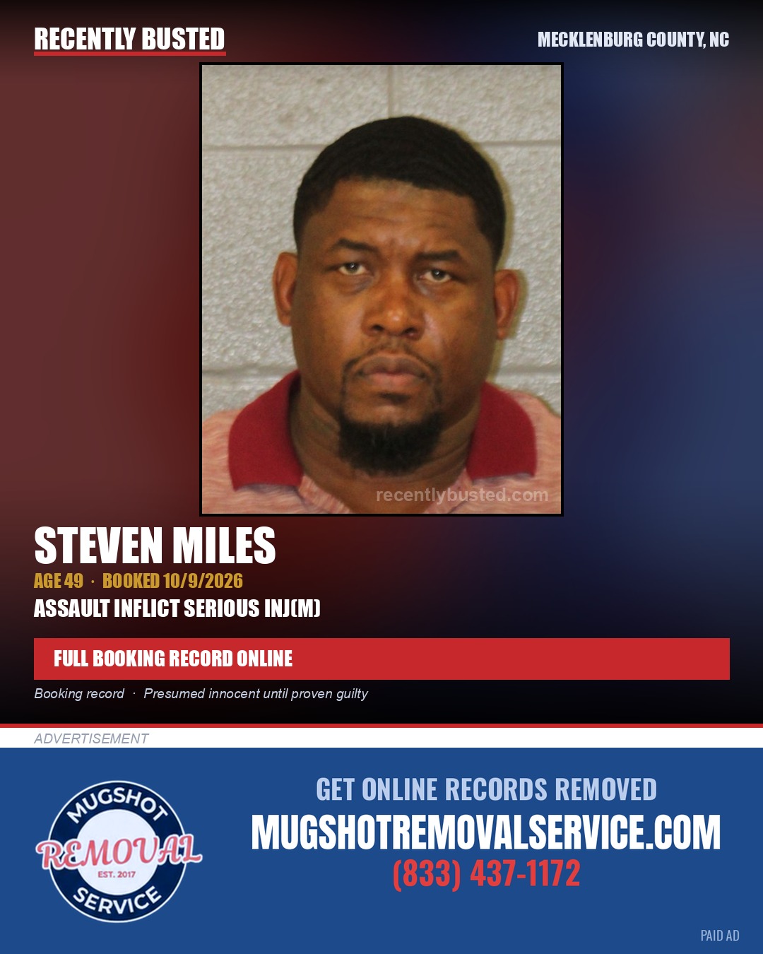 STEVEN MILES — arrest record card, Mecklenburg County, North Carolina