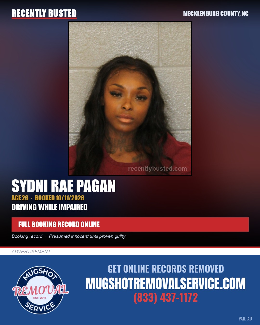 SYDNI RAE PAGAN — arrest record card, Mecklenburg County, North Carolina