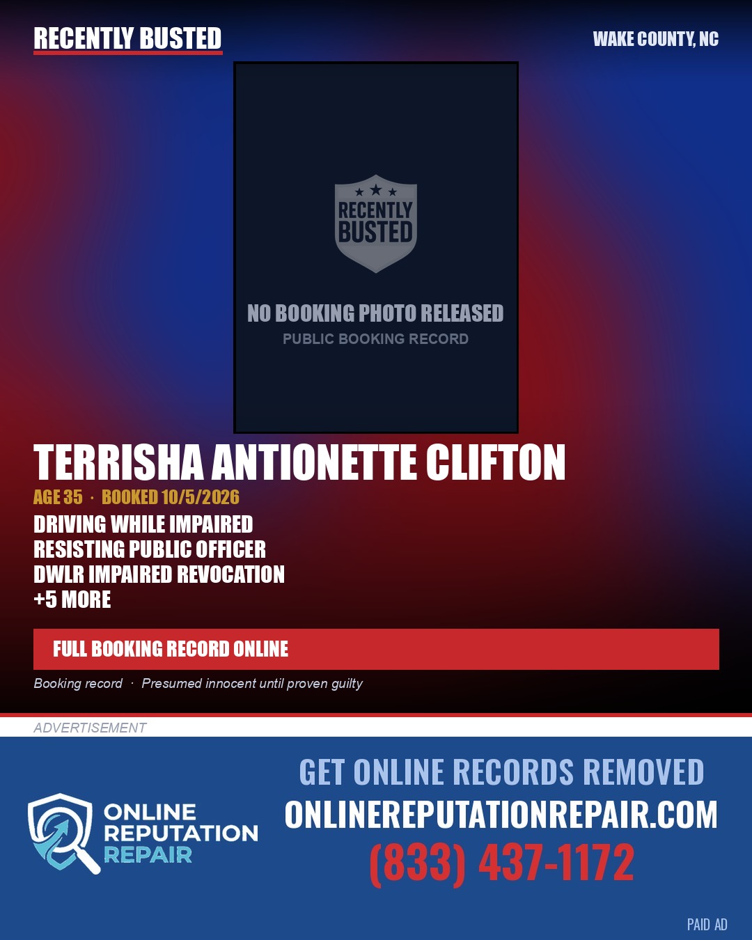 TERRISHA ANTIONETTE CLIFTON — arrest record card, Wake County, North Carolina