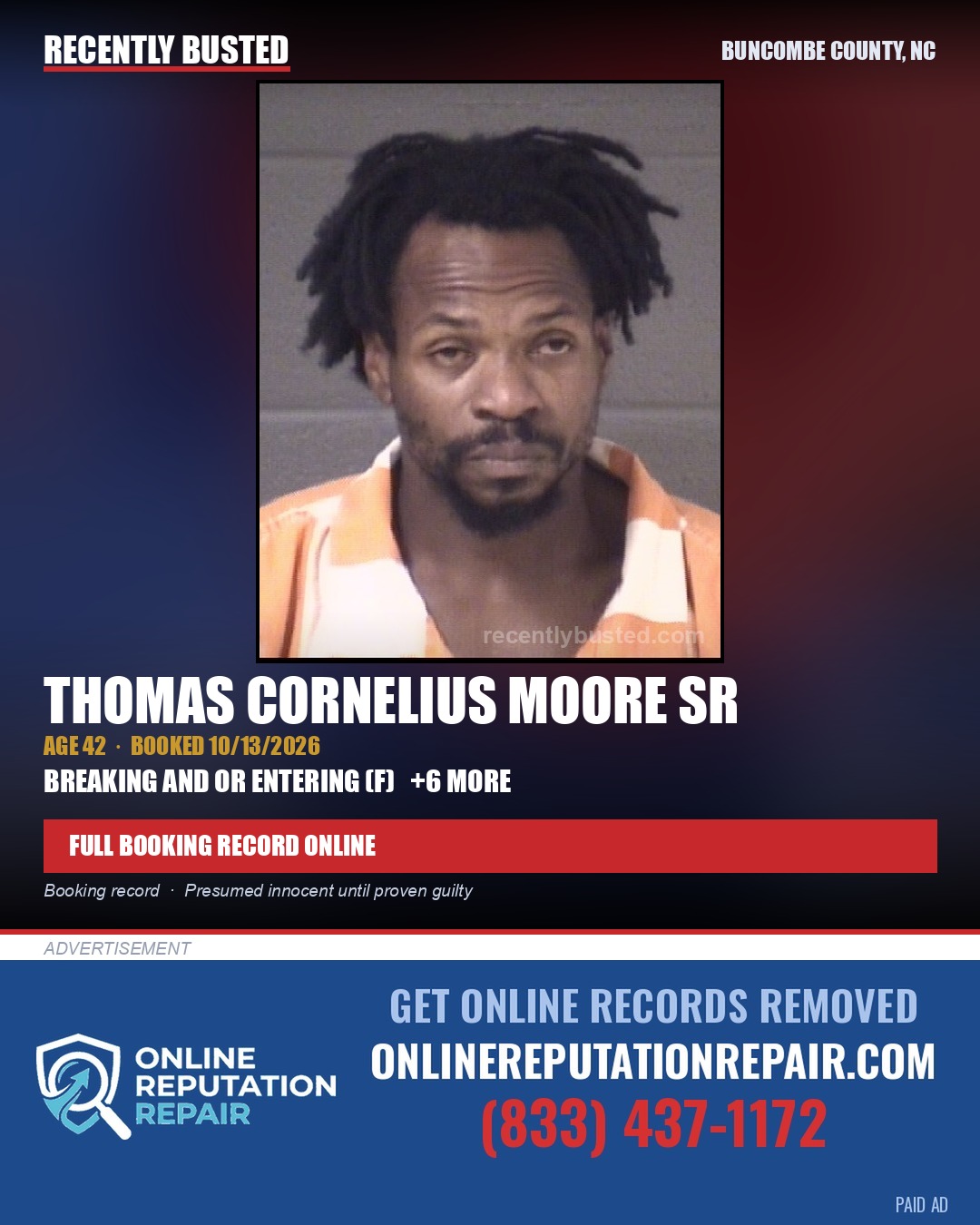 THOMAS CORNELIUS MOORE SR — arrest record card, Buncombe County, North Carolina