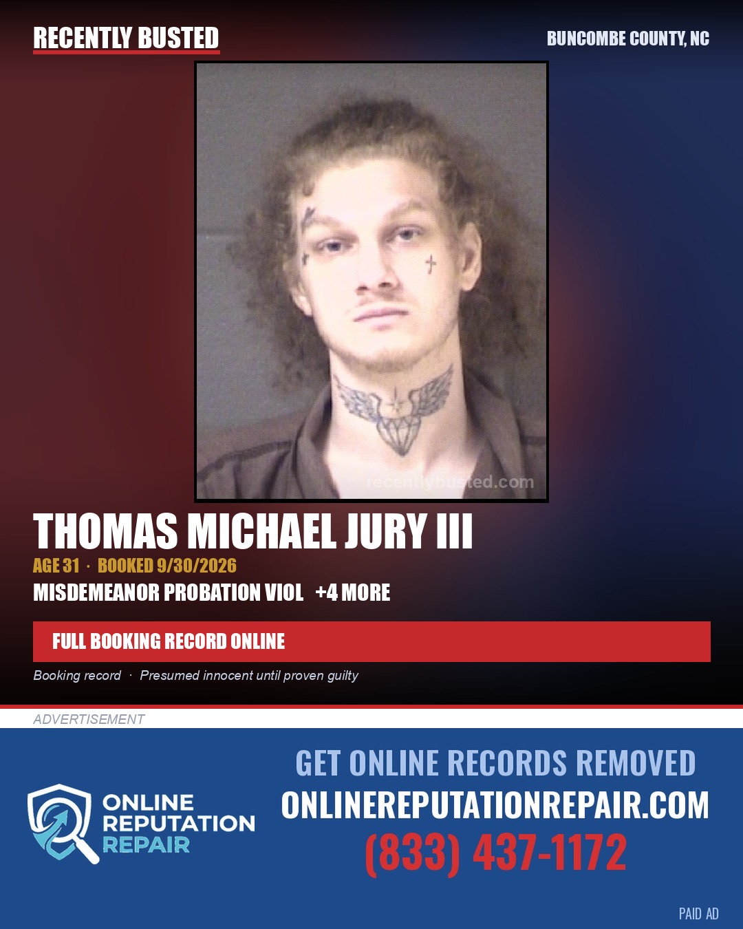 THOMAS MICHAEL JURY III — arrest record card, Buncombe County, North Carolina