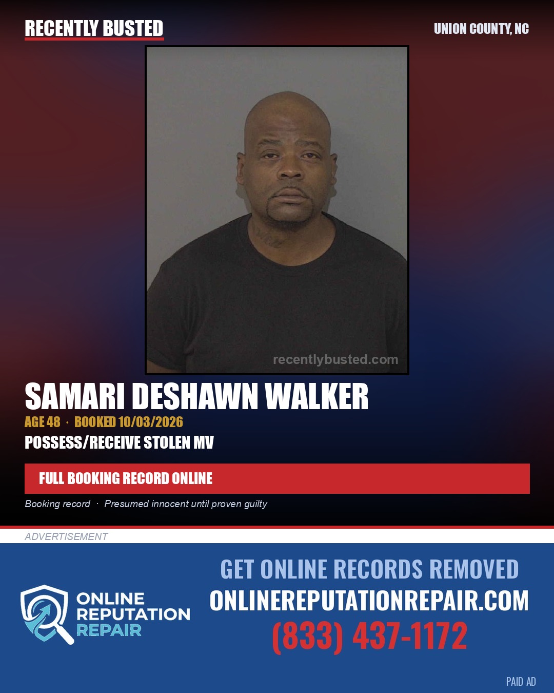 WALKER, SAMARI DESHAWN — arrest record card, Union County, North Carolina