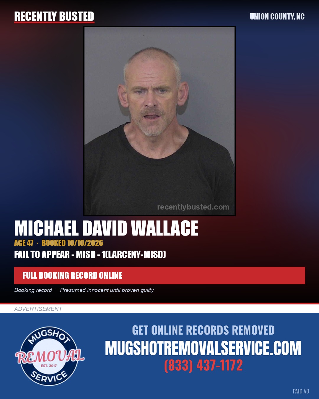 WALLACE, MICHAEL DAVID — arrest record card, Union County, North Carolina