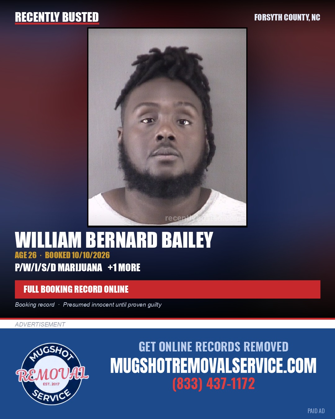 WILLIAM BERNARD BAILEY — arrest record card, Forsyth County, North Carolina