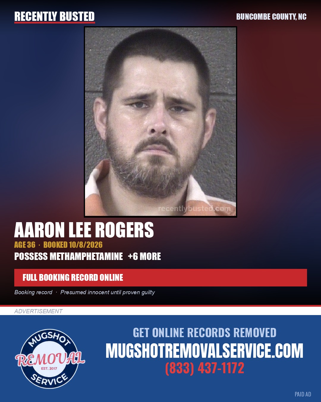 AARON LEE ROGERS — arrest record card, Buncombe County, North Carolina