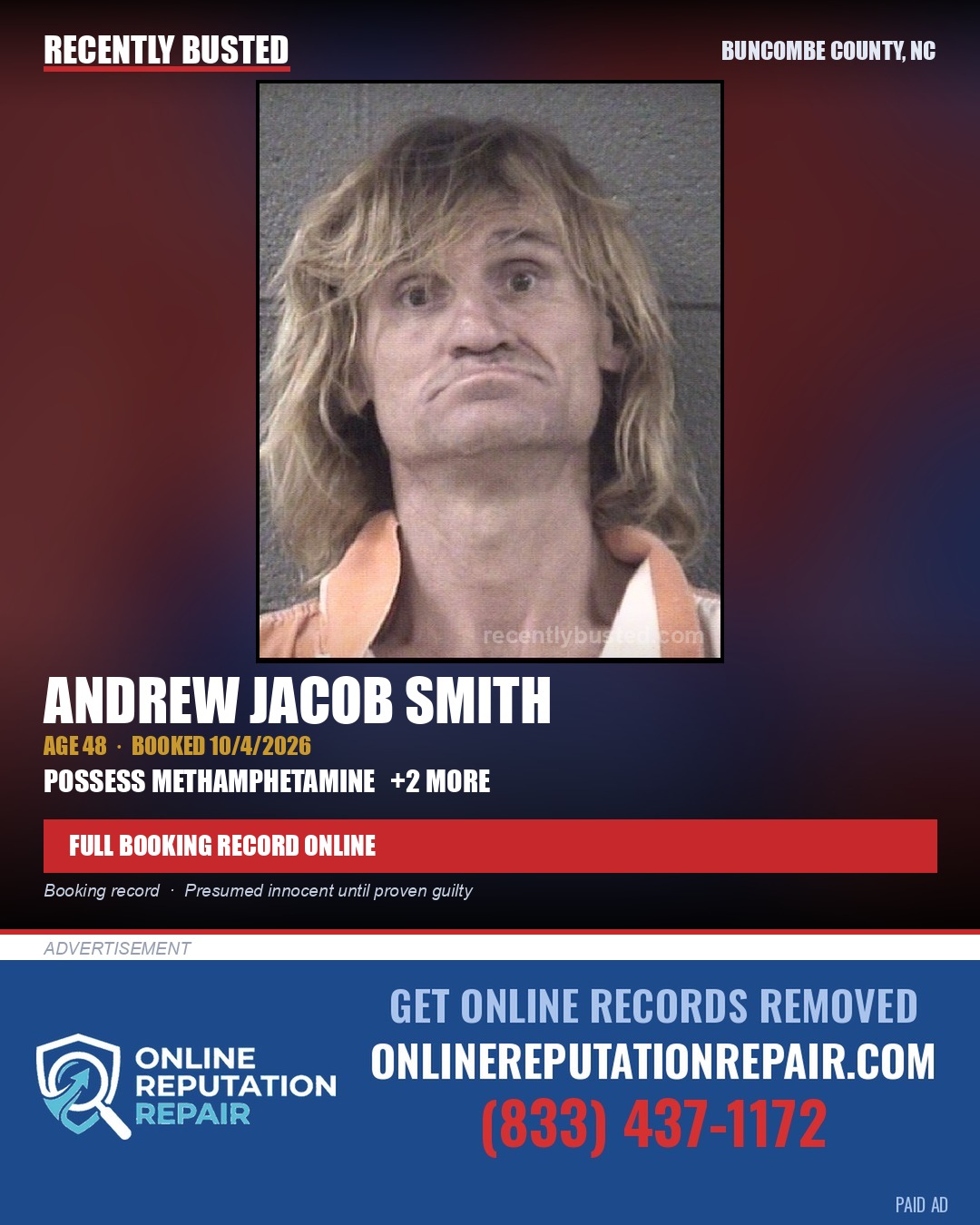 ANDREW JACOB SMITH — arrest record card, Buncombe County, North Carolina