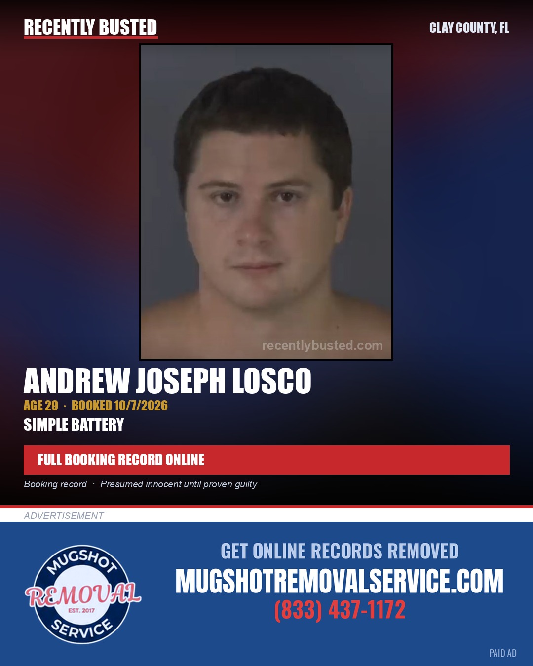 ANDREW JOSEPH LOSCO — arrest record card, Clay County, Florida