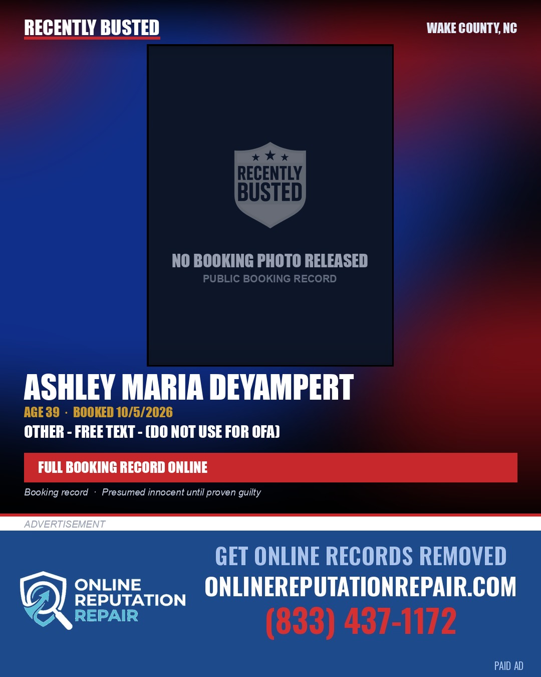 ASHLEY MARIA DEYAMPERT — arrest record card, Wake County, North Carolina