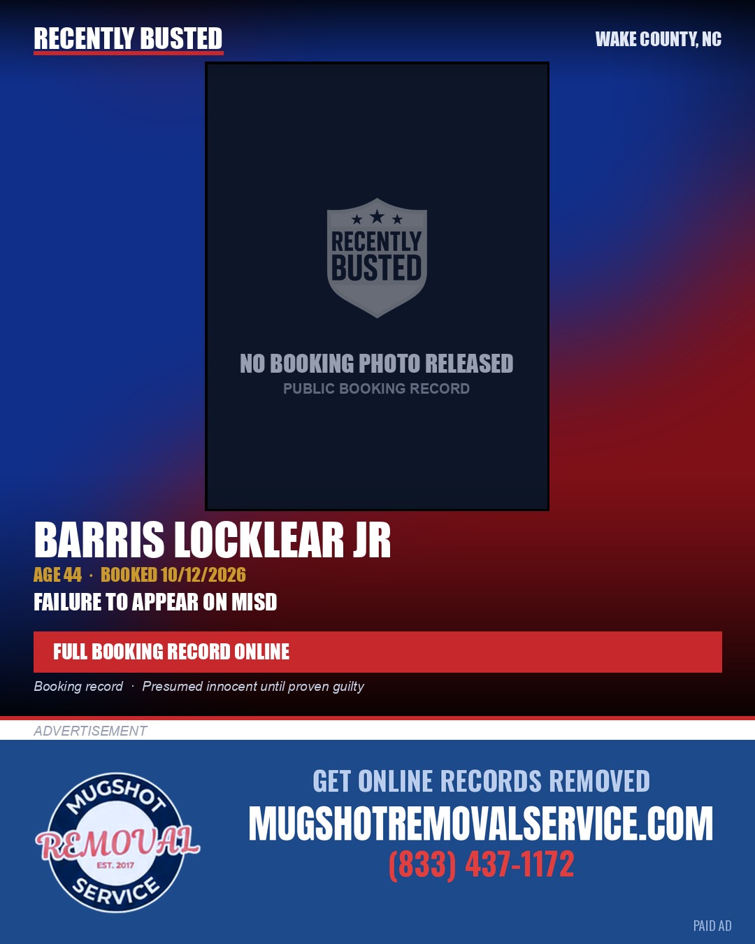 BARRIS LOCKLEAR JR — arrest record card, Wake County, North Carolina