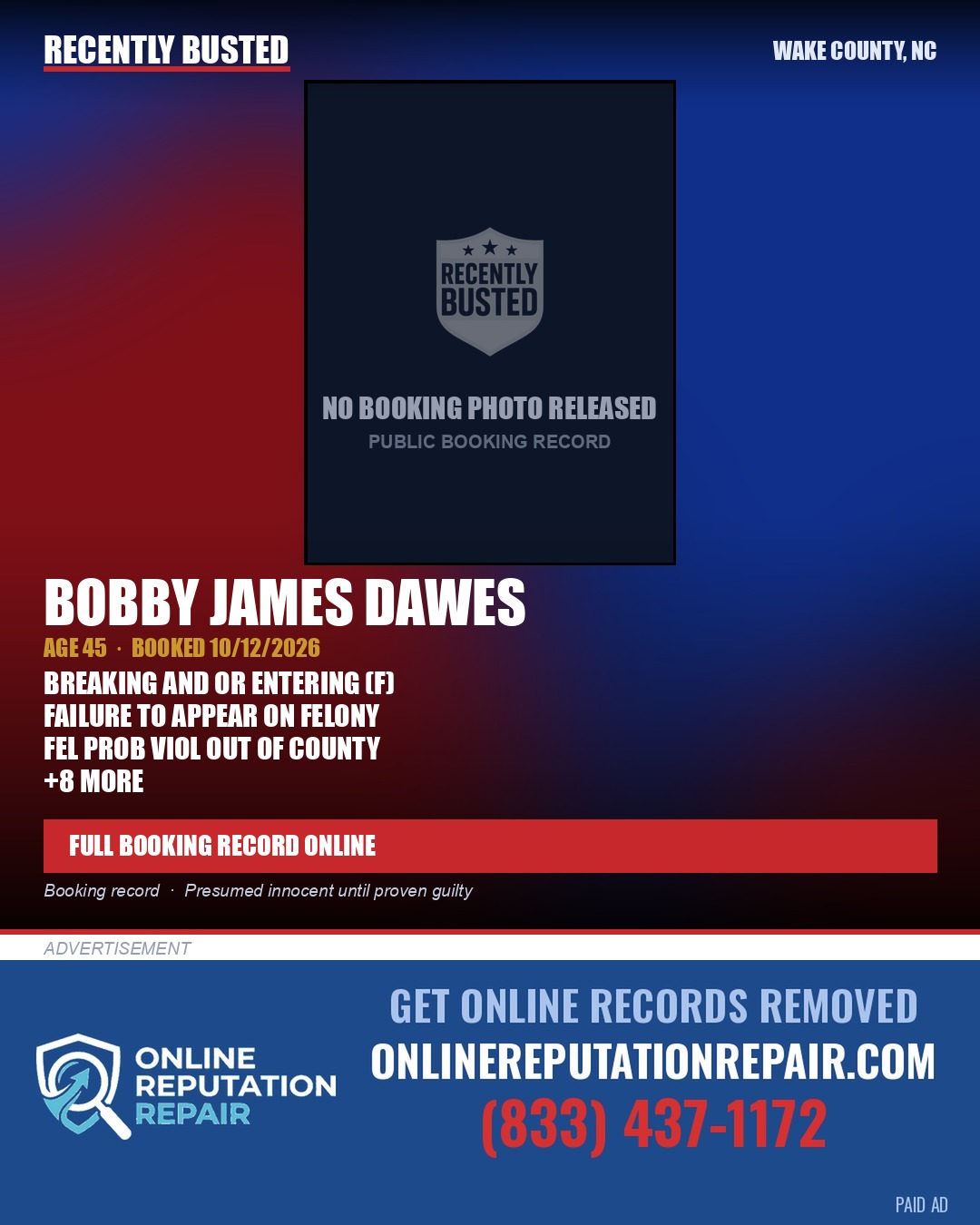 BOBBY JAMES DAWES — arrest record card, Wake County, North Carolina