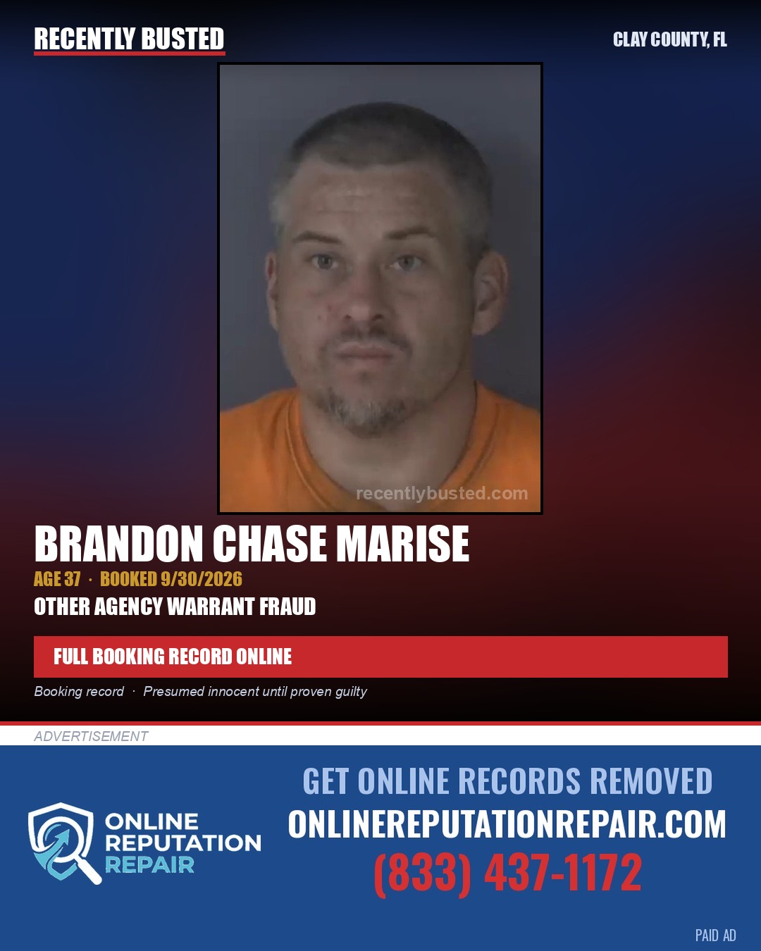 BRANDON CHASE MARISE — arrest record card, Clay County, Florida
