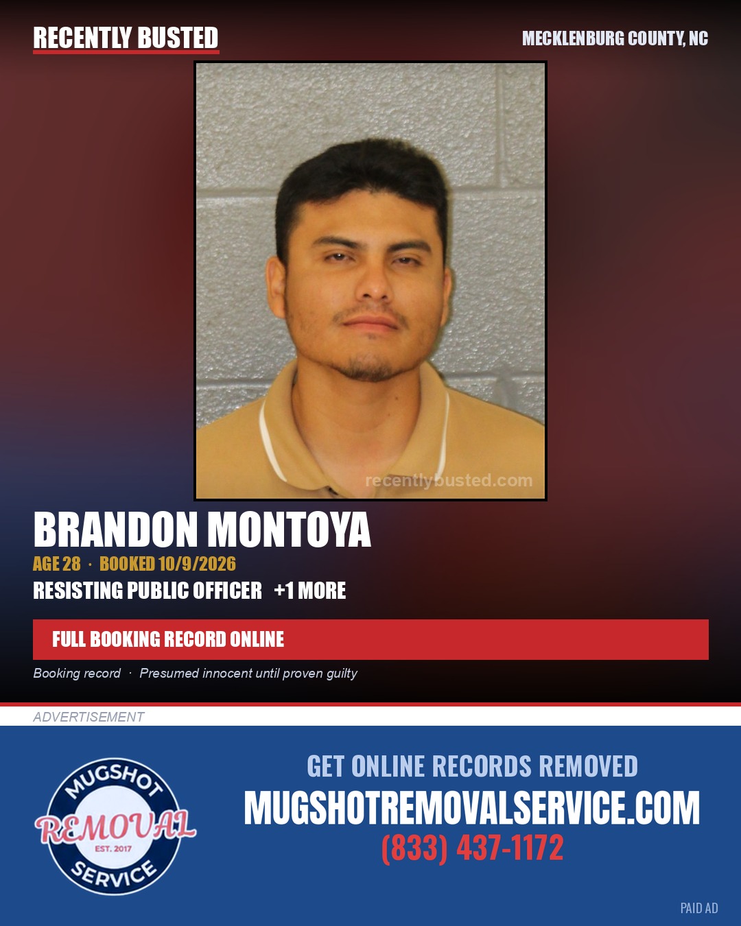BRANDON MONTOYA — arrest record card, Mecklenburg County, North Carolina