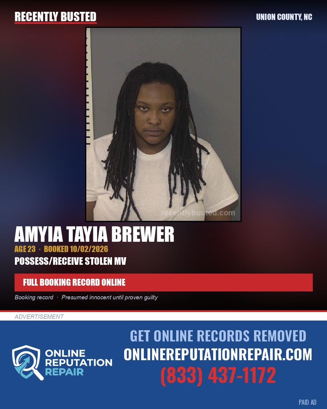 BREWER, AMYIA TAYIA — arrest record card, Union County, North Carolina