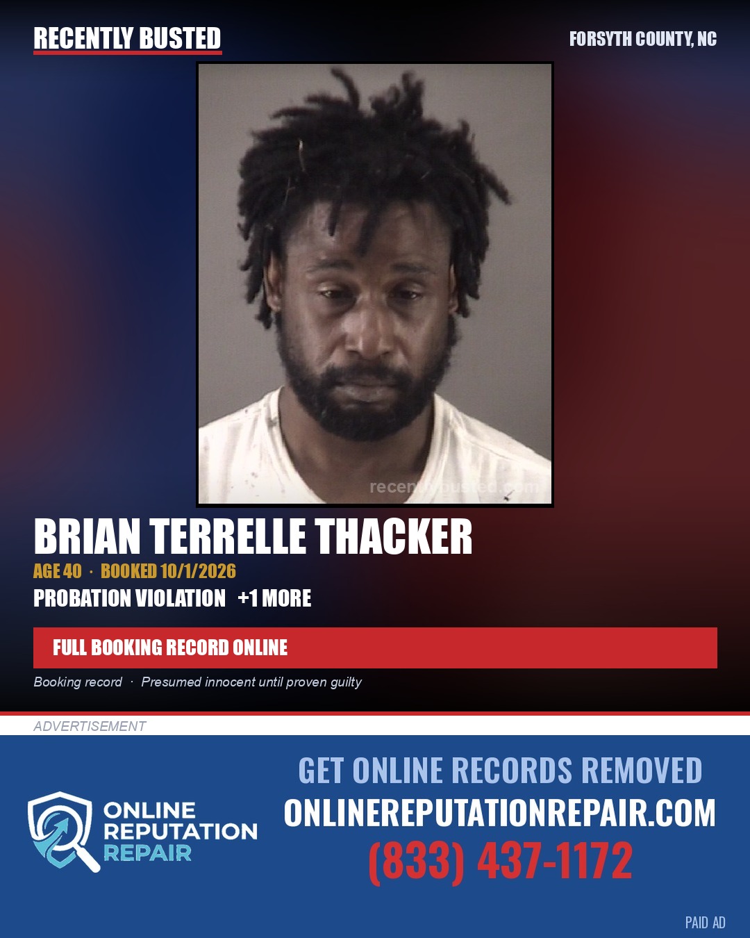BRIAN TERRELLE THACKER — arrest record card, Forsyth County, North Carolina