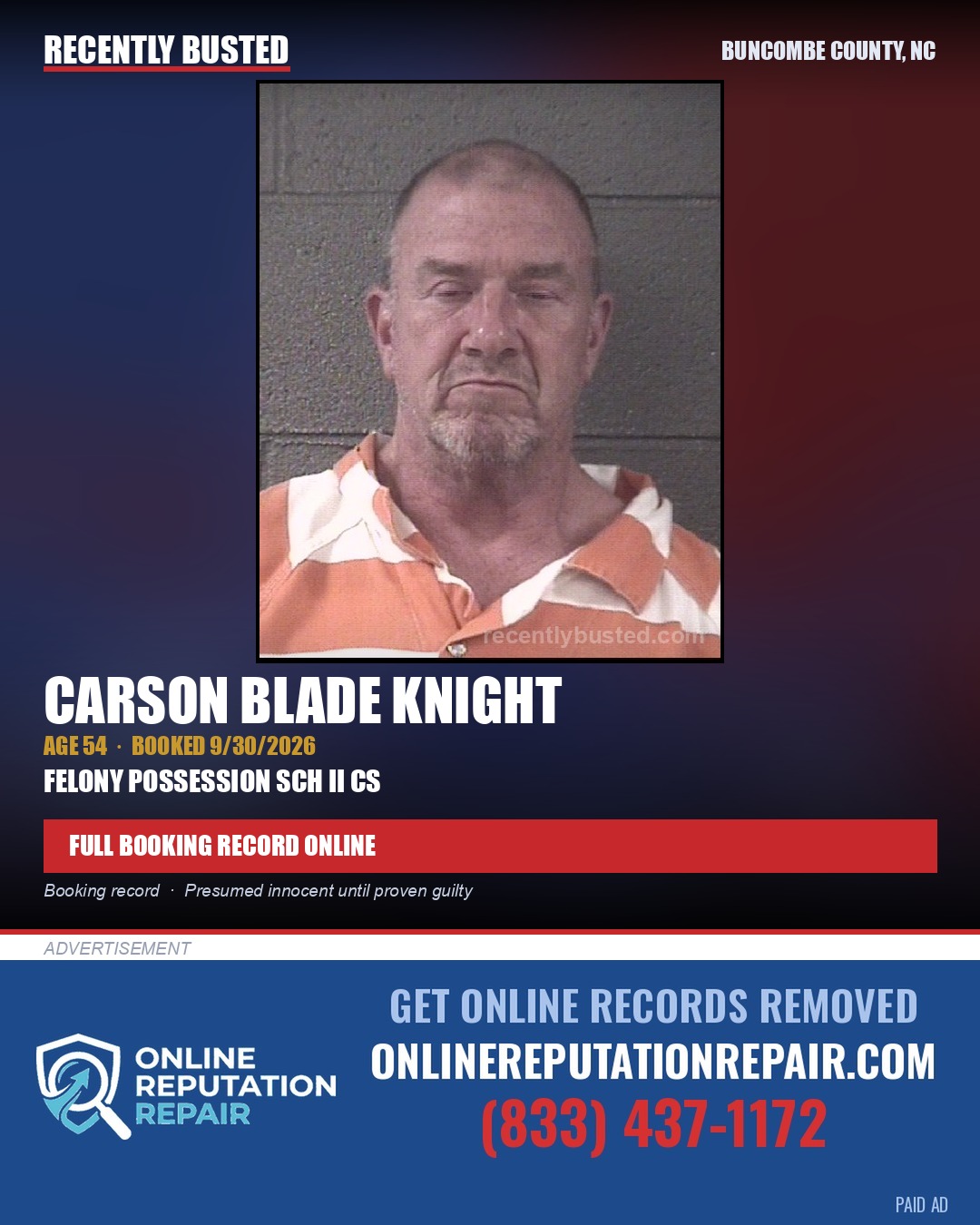 CARSON BLADE KNIGHT — arrest record card, Buncombe County, North Carolina