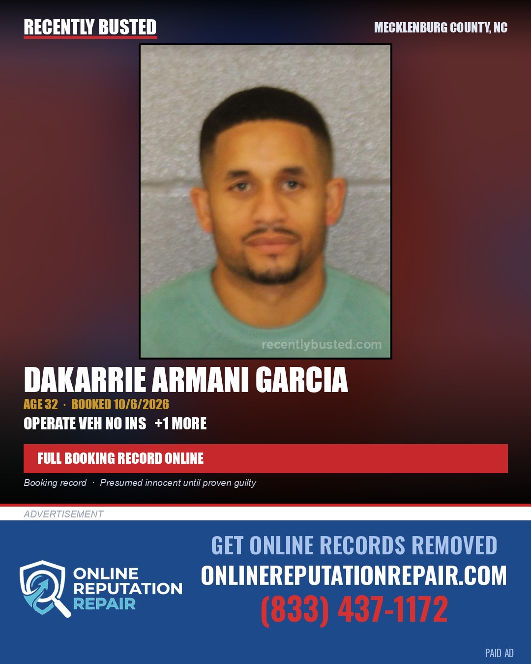 DAKARRIE ARMANI GARCIA — arrest record card, Mecklenburg County, North Carolina