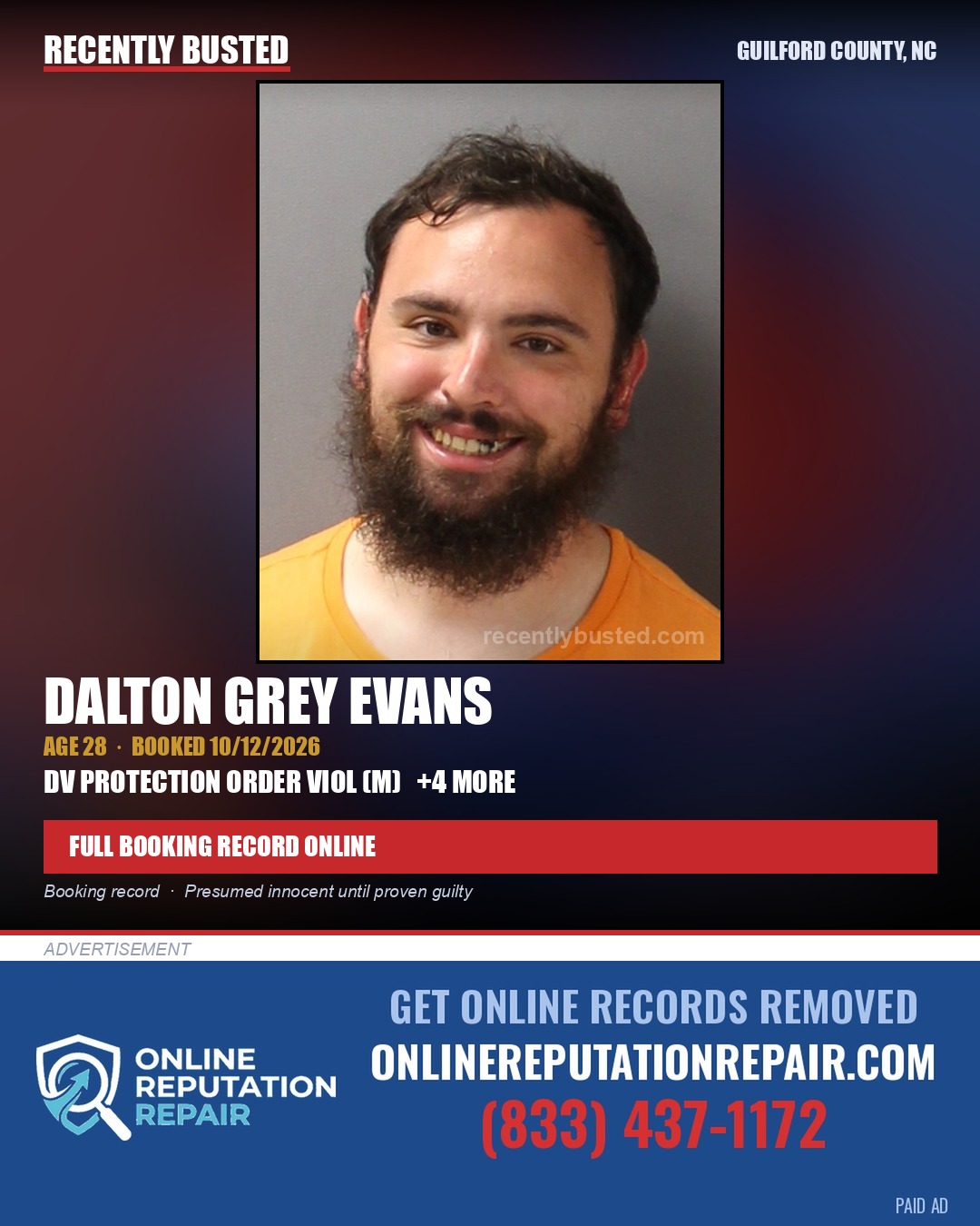 DALTON GREY EVANS — arrest record card, Guilford County, North Carolina