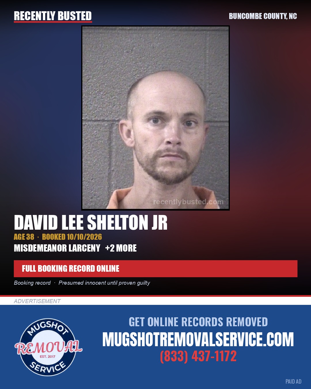 DAVID LEE SHELTON JR — arrest record card, Buncombe County, North Carolina