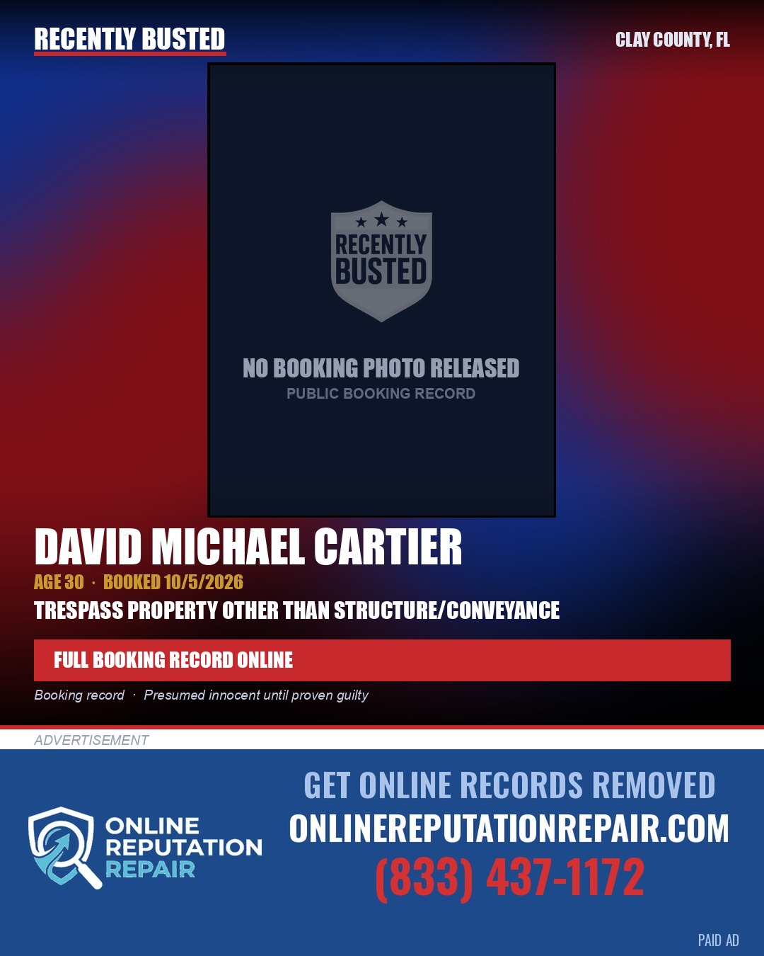 DAVID MICHAEL CARTIER — arrest record card, Clay County, Florida