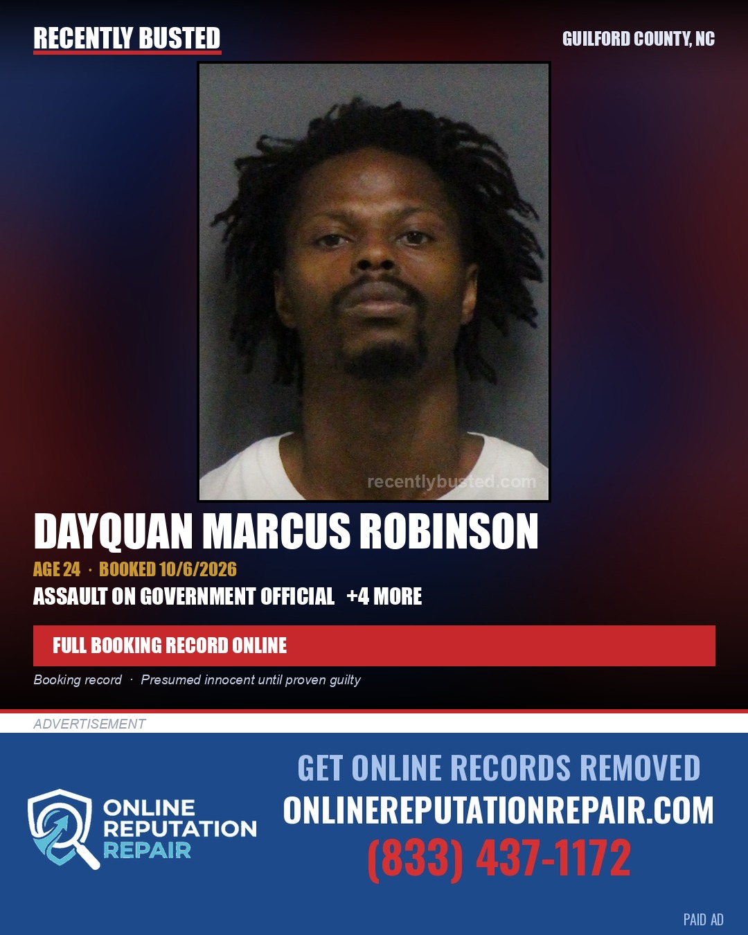 DAYQUAN MARCUS ROBINSON — arrest record card, Guilford County, North Carolina
