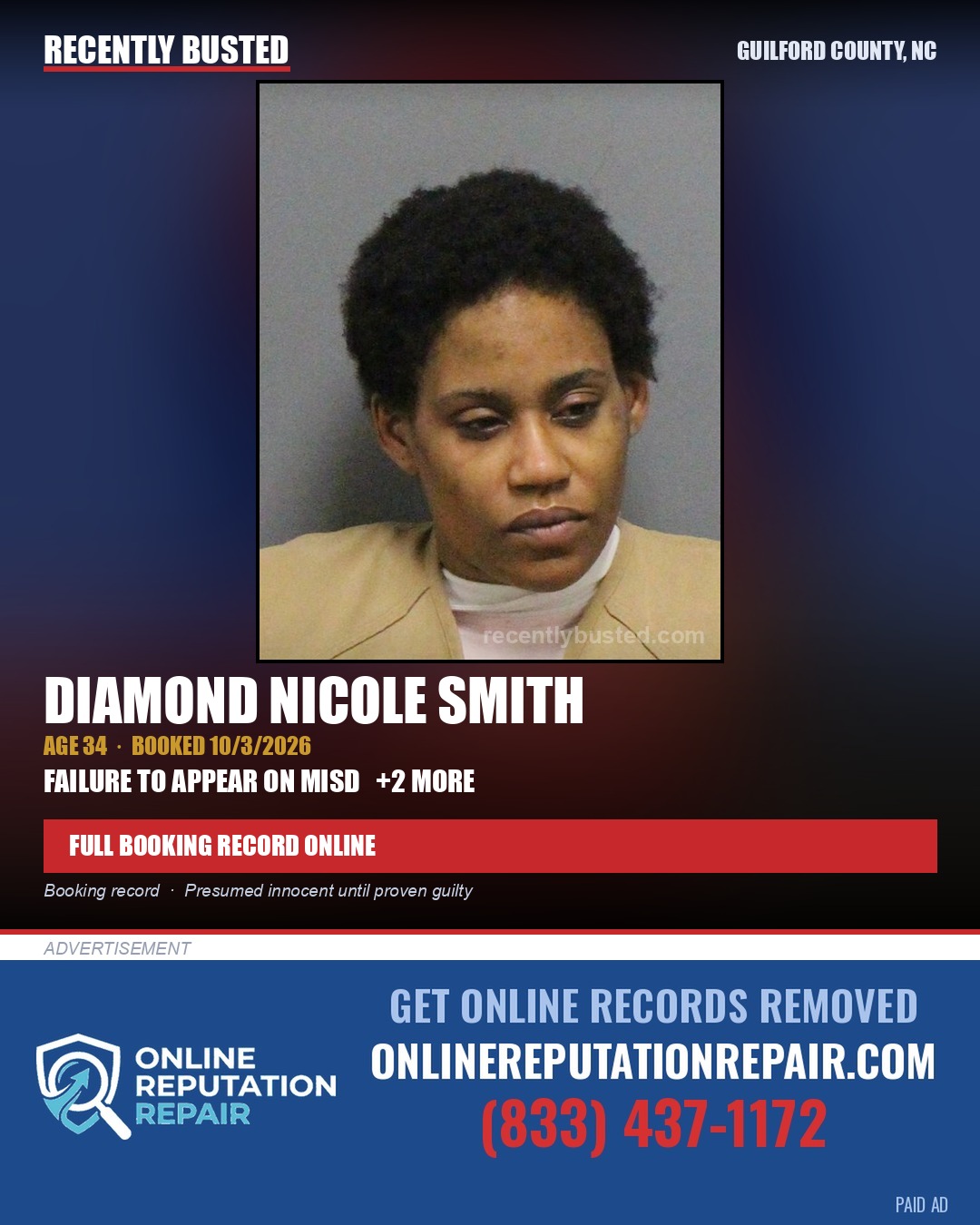 DIAMOND NICOLE SMITH — arrest record card, Guilford County, North Carolina