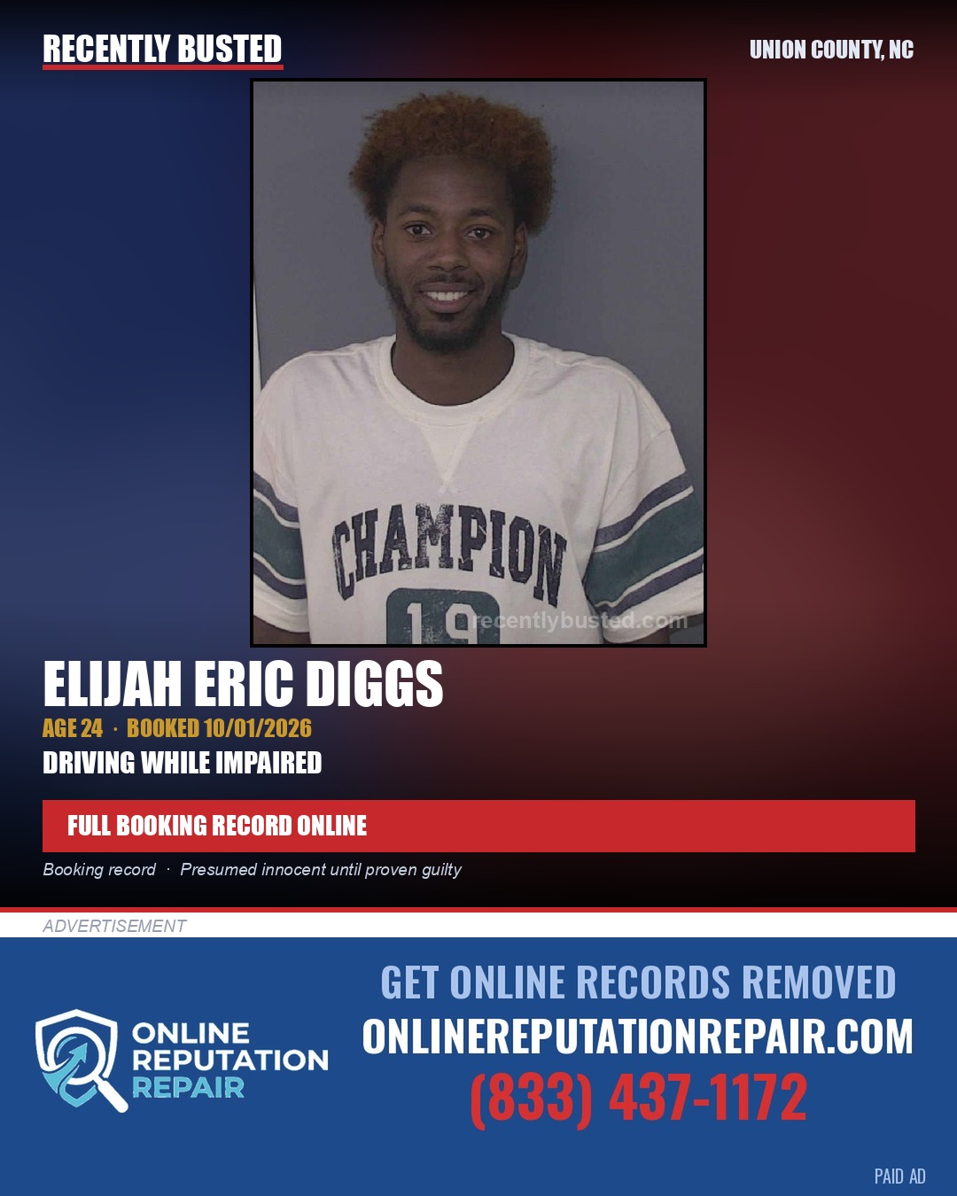 DIGGS, ELIJAH ERIC — arrest record card, Union County, North Carolina