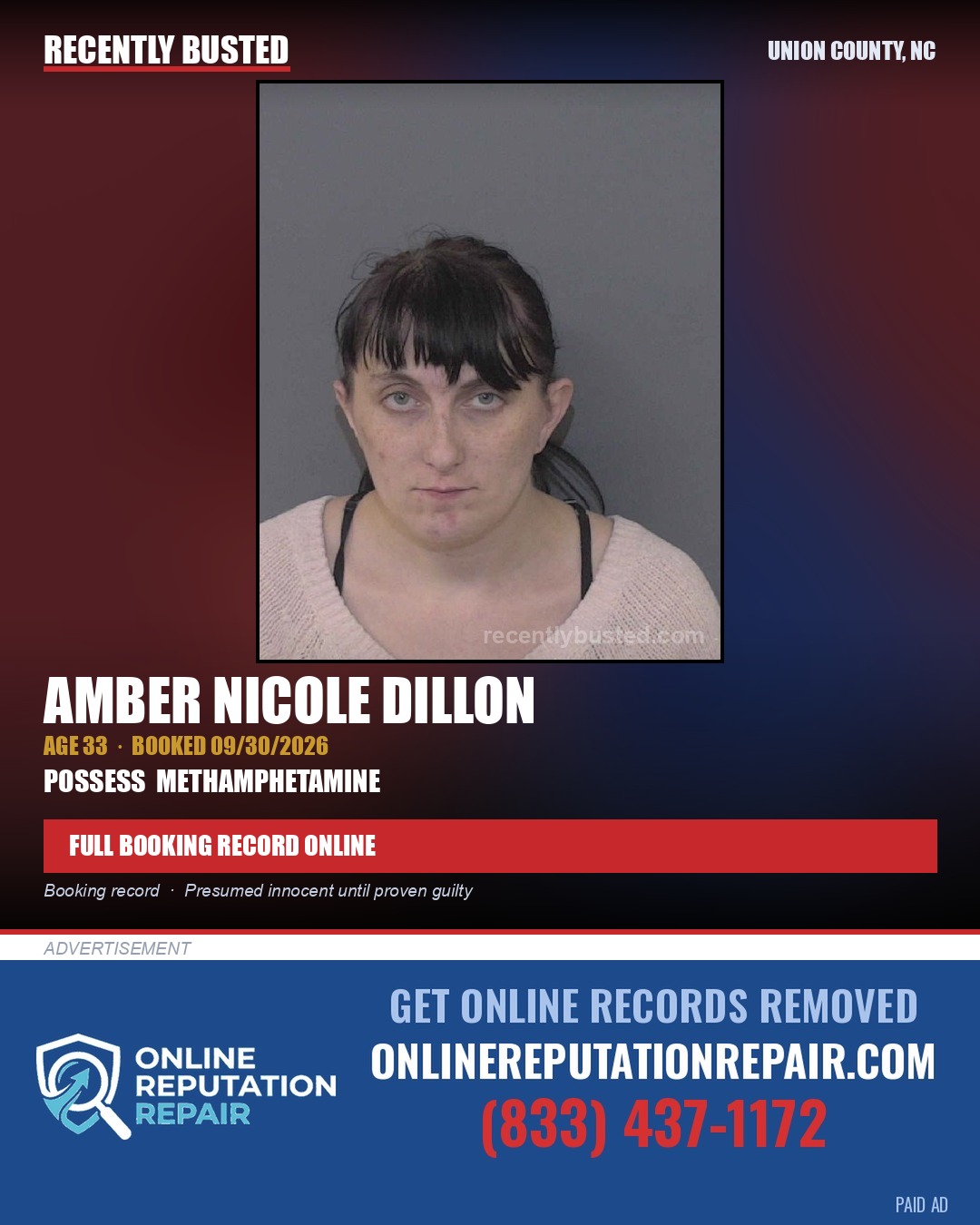 DILLON, AMBER NICOLE — arrest record card, Union County, North Carolina