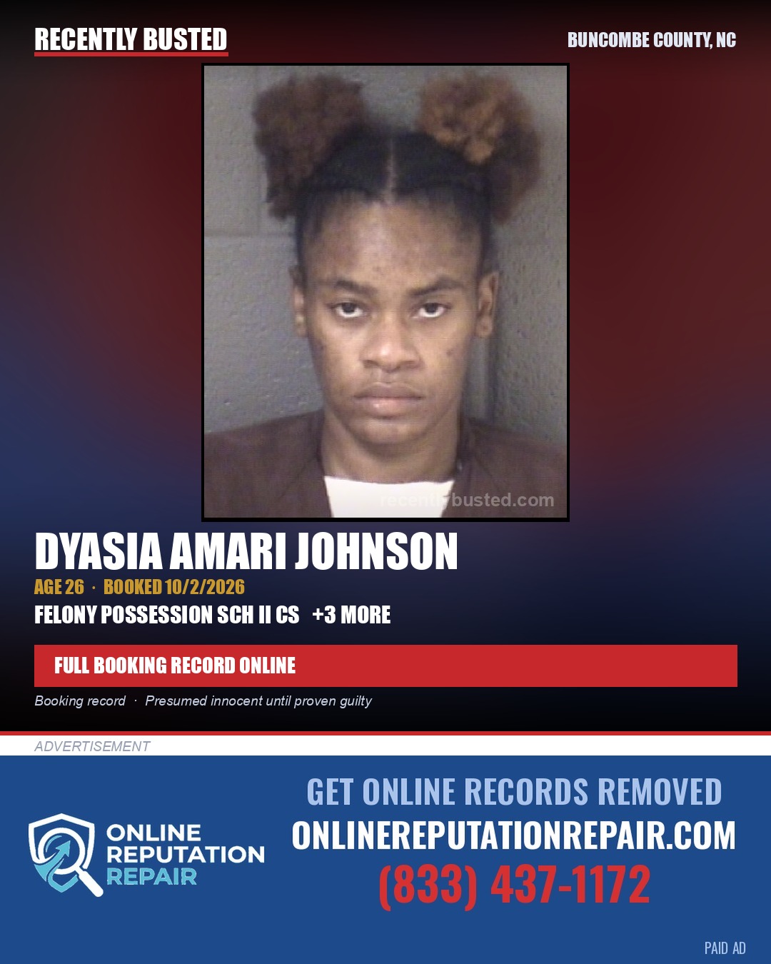 DYASIA AMARI JOHNSON — arrest record card, Buncombe County, North Carolina