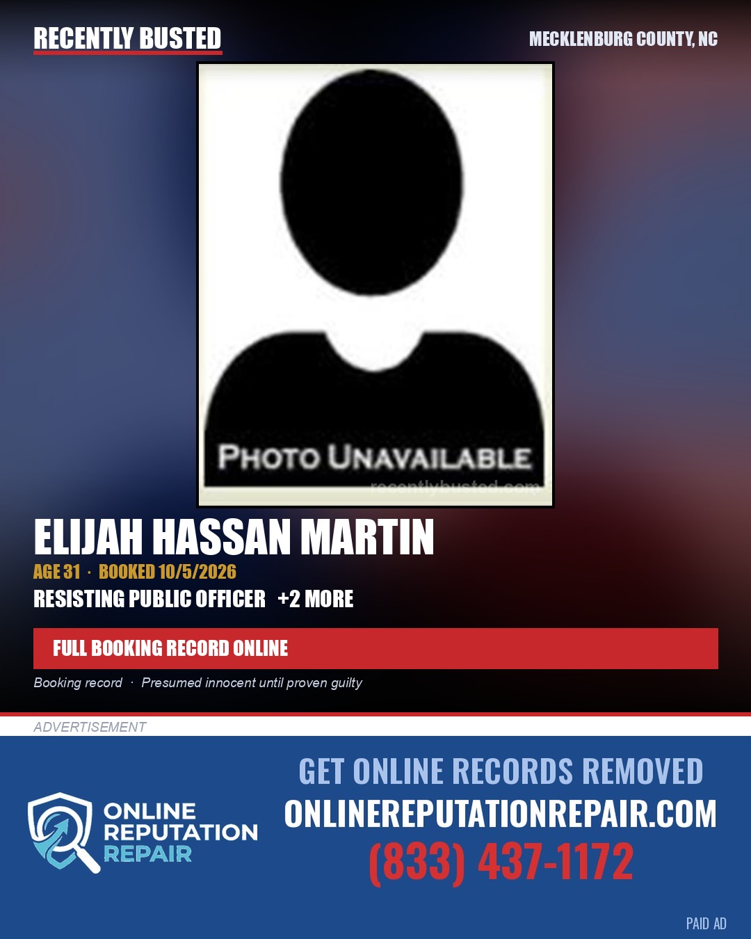 ELIJAH HASSAN MARTIN — arrest record card, Mecklenburg County, North Carolina