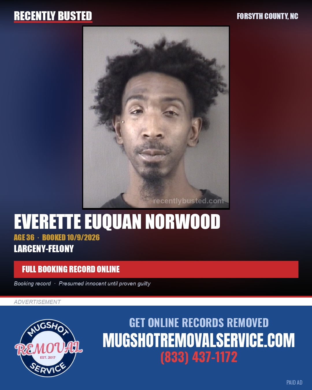 EVERETTE EUQUAN NORWOOD — arrest record card, Forsyth County, North Carolina