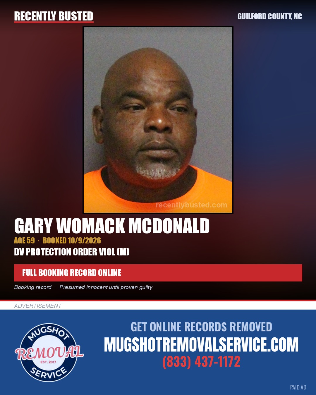 GARY WOMACK MCDONALD — arrest record card, Guilford County, North Carolina
