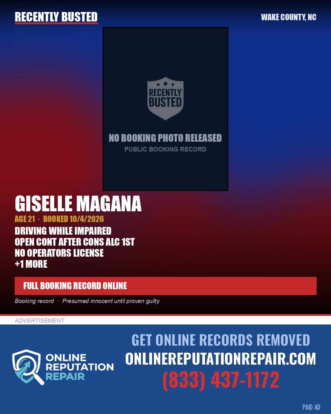 GISELLE MAGANA — arrest record card, Wake County, North Carolina