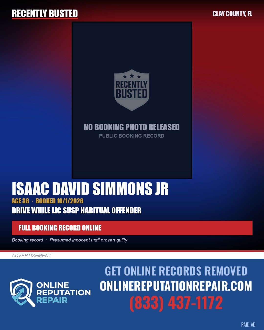 ISAAC DAVID SIMMONS JR — arrest record card, Clay County, Florida