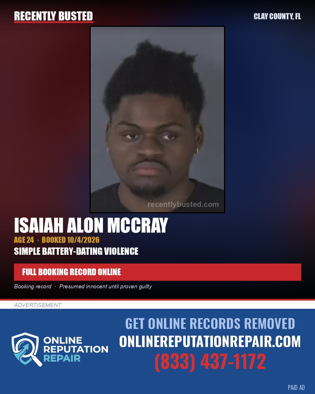 ISAIAH ALON MCCRAY — arrest record card, Clay County, Florida