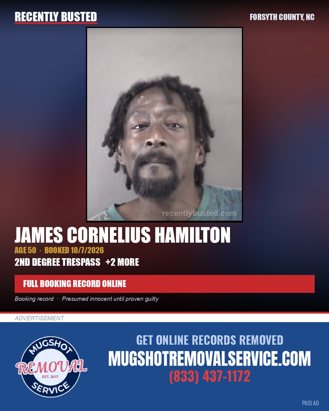 JAMES CORNELIUS HAMILTON — arrest record card, Forsyth County, North Carolina