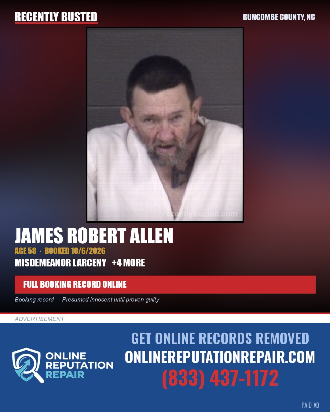 JAMES ROBERT ALLEN — arrest record card, Buncombe County, North Carolina