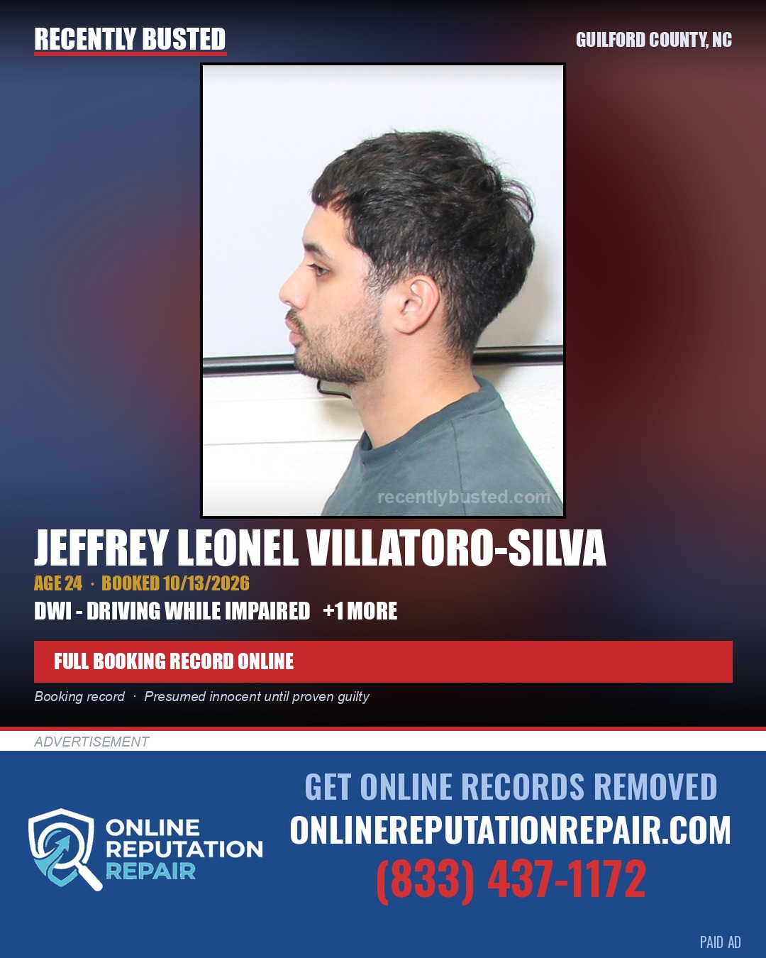 JEFFREY LEONEL VILLATORO-SILVA — arrest record card, Guilford County, North Carolina