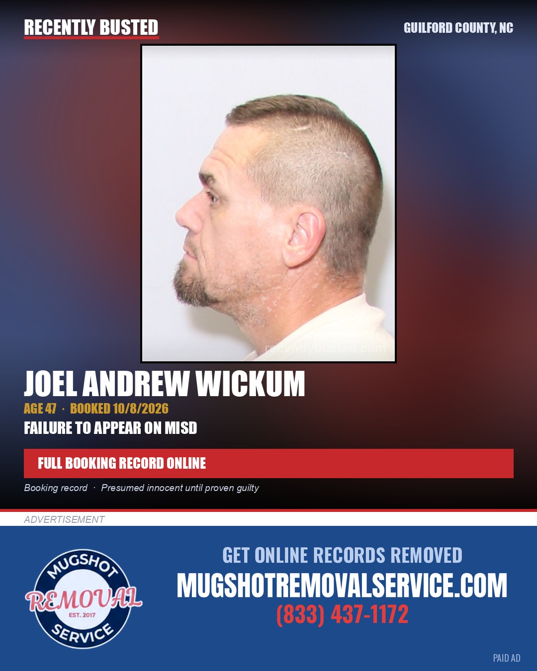 JOEL ANDREW WICKUM — arrest record card, Guilford County, North Carolina