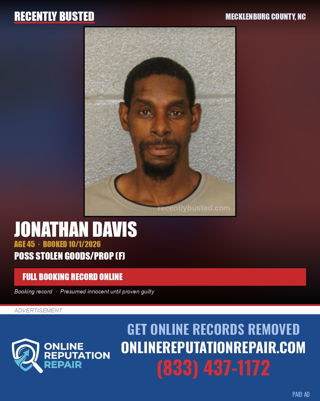JONATHAN DAVIS — arrest record card, Mecklenburg County, North Carolina