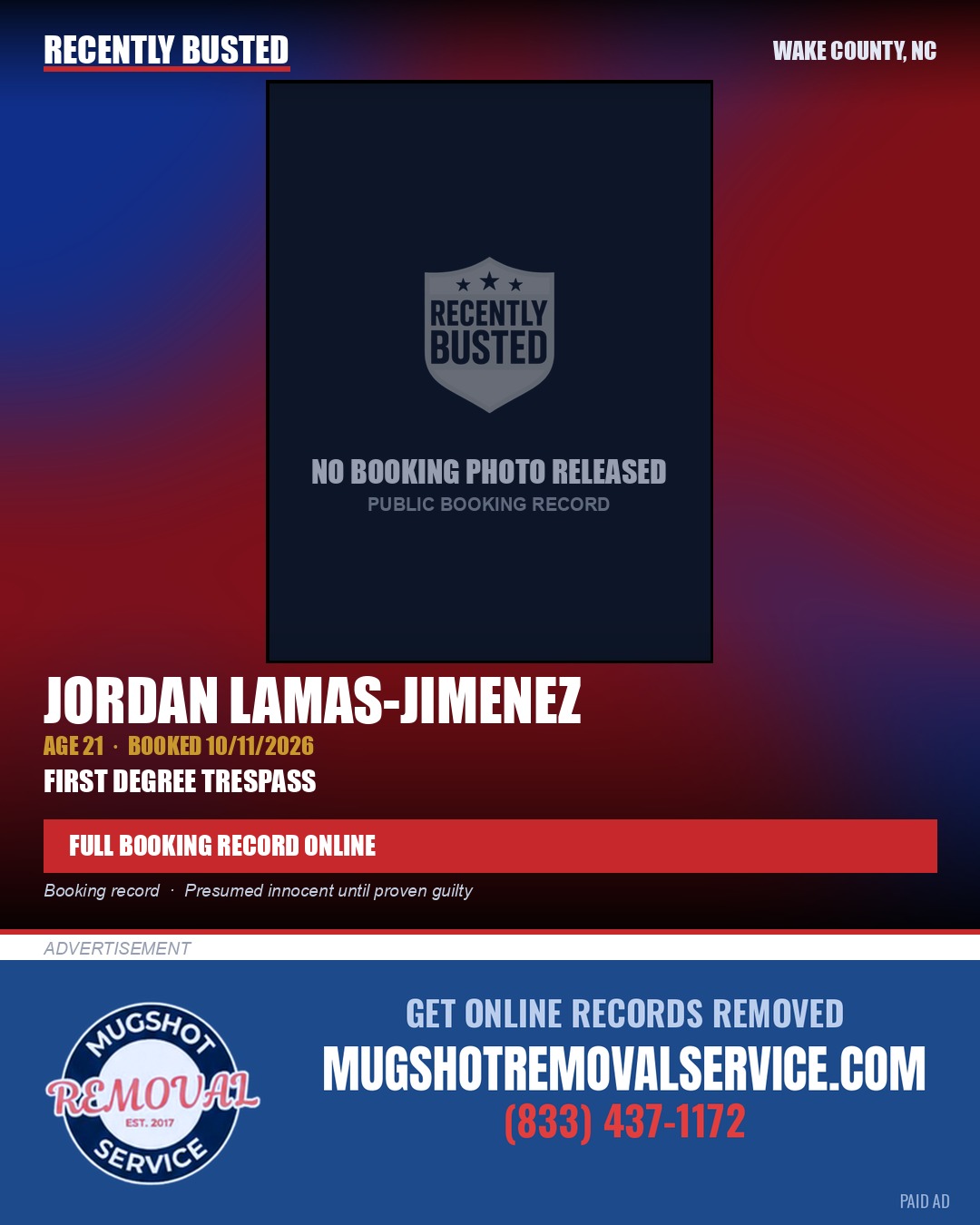JORDAN LAMAS-JIMENEZ — arrest record card, Wake County, North Carolina